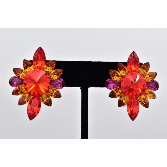 Vintage Crystal Clip On Earrings Rhinestone Orange Purple Red Chunky 1980s BinAF - Picture 1 of 12